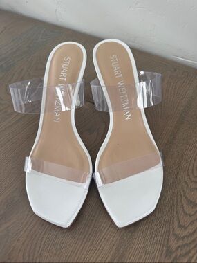 Stuart Weitzman White Slide Sandals with Clear Straps